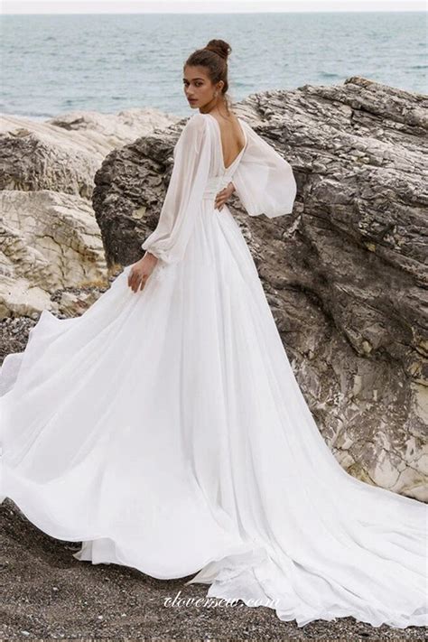 V Neck Chiffon Long Sleeves A Line With High Slit Beach Wedding Dresse Clover Sew