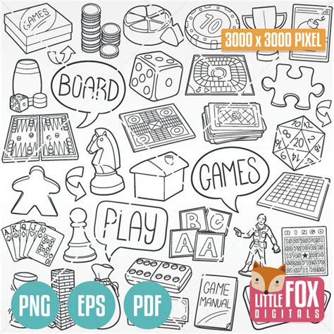 Board Games, Doodle Clipart Icons. Family Game Play Scrapbook Coloring ...