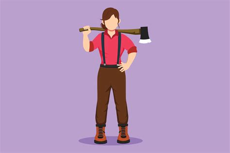 Character flat drawing pretty woman lumberjack pose on logging forest. Beautiful female ...