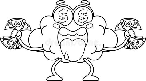 Outlined Rich Brain Cartoon Character With Dollar Eyes And Cash Money