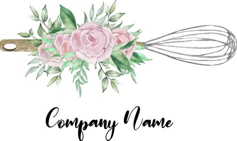 Watercolor Bakery Logo Whisk With Flowers And Greenery Illustration