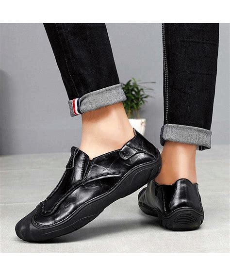 Black Retro Sewed Leather Slip On Shoe Loafer Leather Slip On Shoes Mens Slip On Shoes Dress