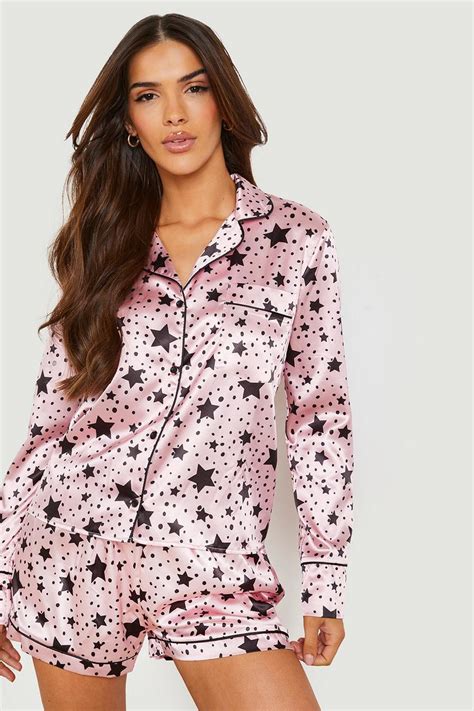 Star Print Satin Pyjama Short Set Boohoo Uk