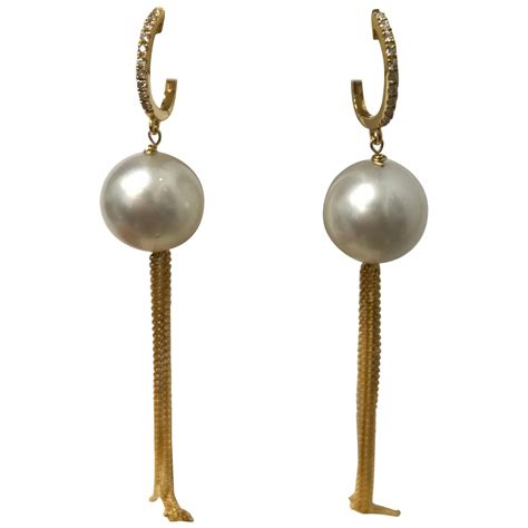 Golden South Sea Pearl Diamond Yellow Gold Hoop Dangle Earrings At 1stDibs