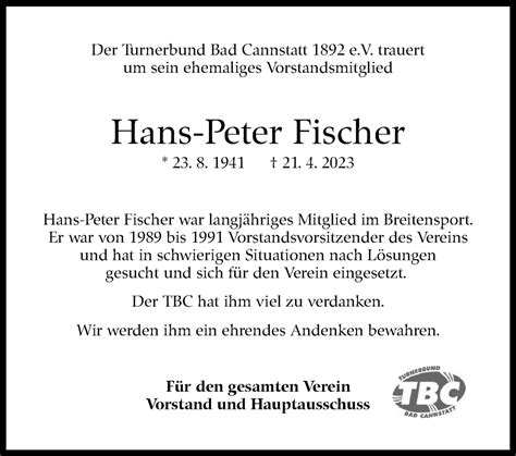 Traueranzeigen Von Hans Peter Fischer Stuttgart Gedenkt De