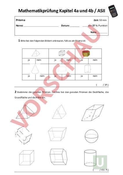 Arbeitsblatt Test Kapitel A Und B Prismen Und Volumen Geometrie