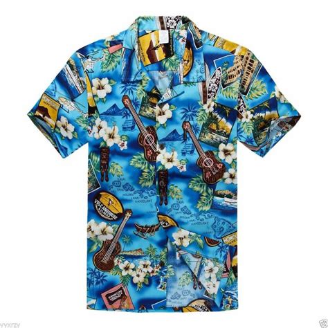 Men Aloha Shirt Cruise Tropical Luau Beach Hawaiian Party Blue Ukulele