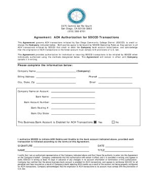 Fillable Online Agreement Ach Authorization For Sdccd Transactions Fax