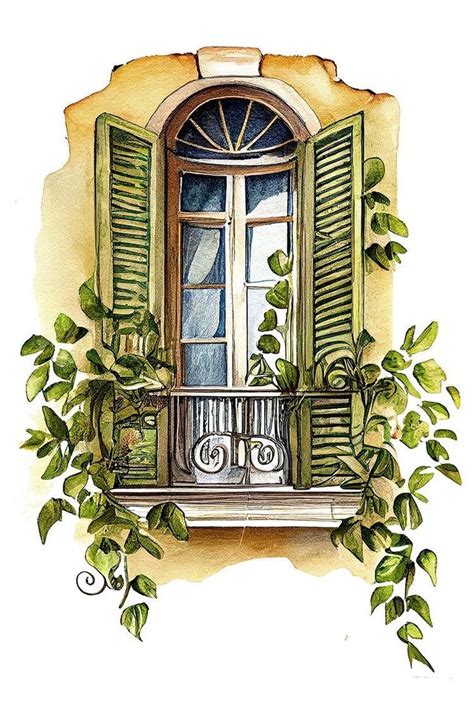 A Painting Of An Open Window With Green Shutters And Ivy Growing On The