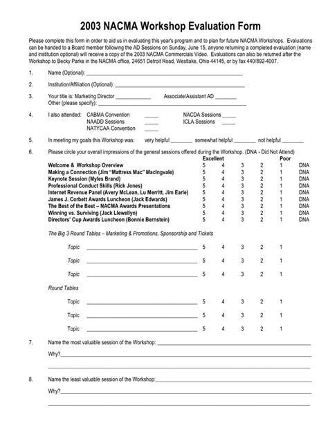 Printable Workshop Evaluation Forms Printable Forms Free Online