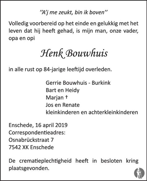 Henk Bouwhuis 16 04 2019 Overlijdensbericht En Condoleances Mensenlinq Nl