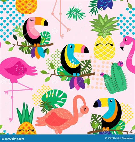 Seamless Tileable Tropical Vector Pattern With Flamingos Toucans