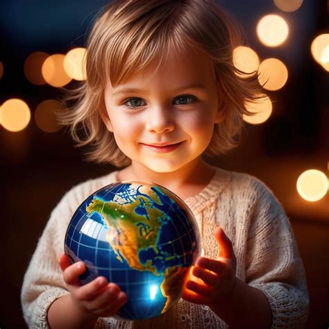 Niño Sosteniendo Un Globo Del Mundo En Las Manos El Futuro Está Con Los Niños Foto Premium