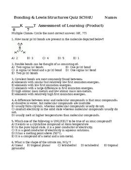 Chemistry Covalent Bonding Quiz Resonance Vsepr Lewis Structures W