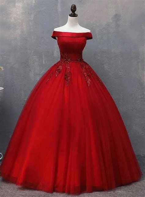 Dark Red Tulle Ball Gown Sweet 16 Dress With Lace Red Party Dresses