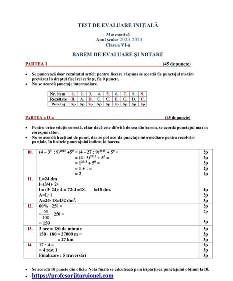 Rezolvare Barem De Corectare Test Initial Matematica Clasa A 6 A An