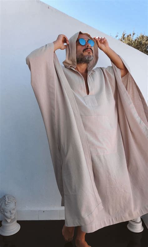 Mens Cotton Gauze Caftan With Hood Sand Natural Color Loose Kaftan