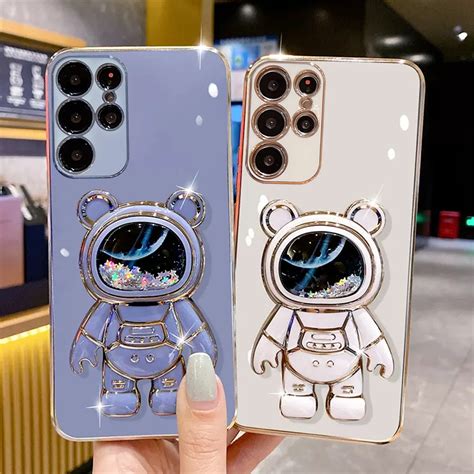 New Plating Quicksand Astronaut D Stand Holder Phone Case For Samsung