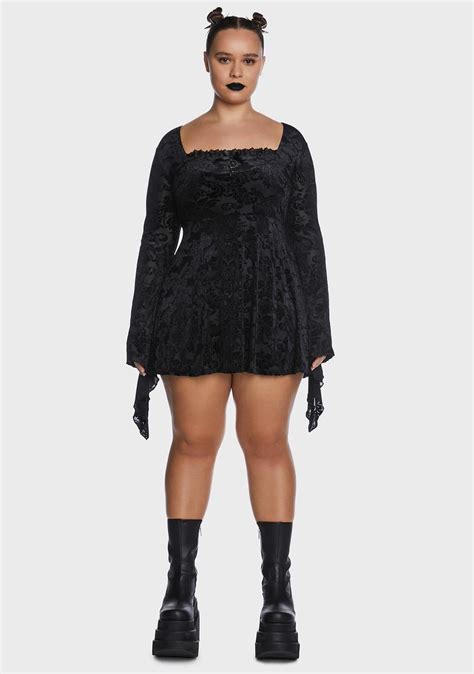 Widow Plus Size Burnout Velvet Bell Sleeve Mini Dress Black Dolls Kill