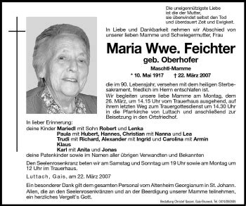 Traueranzeigen Von Maria Feichter Trauer Bz