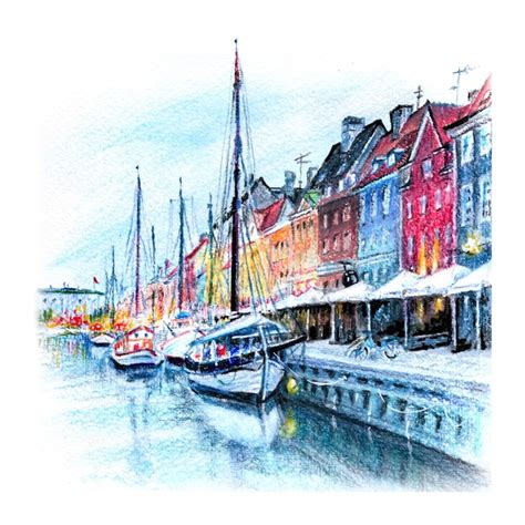 Aquarellstiftskizze Von Nyhavn Mit Bunten Fassaden Alter H User Und