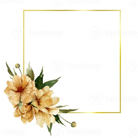 Watercolor Flowers With Golden Frame Illustration 20964536 PNG