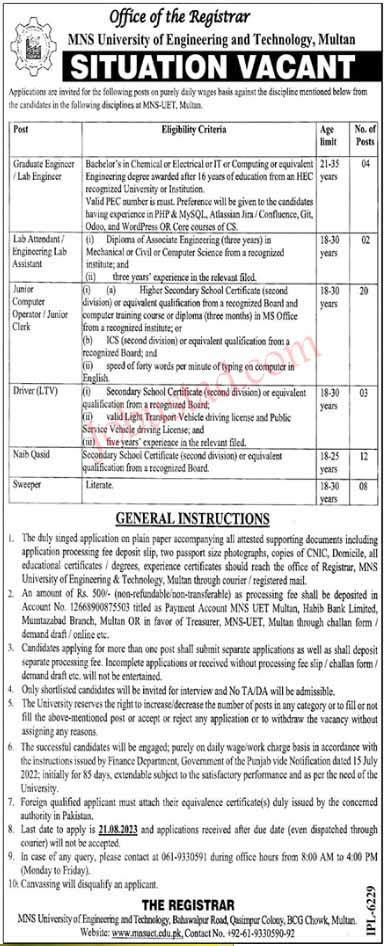 Mns University Multan Jobs Muhammad Nawaz Sharif Uet Jobs