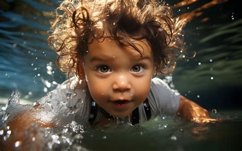 Premium Ai Image Adorable Baby Swiming Underwater Diving Young Swim Water