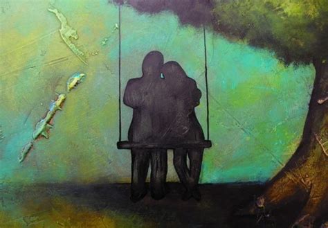 Original Art Textured Painting Of Couple Swinging Under Tree