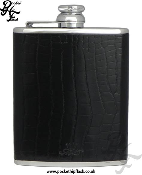 Luxury Leather Hip Flask 6oz Stainless Steel Black Nil Croc Leather