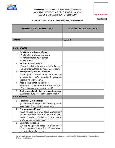 Formulario Guia De Entrevista Laboral Este Formato Responde A