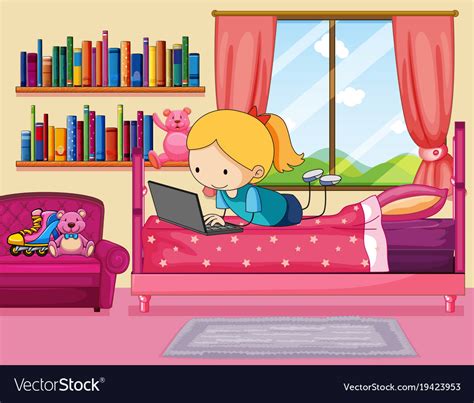 Little Girl Working On Computer In Bedroom Vector Image