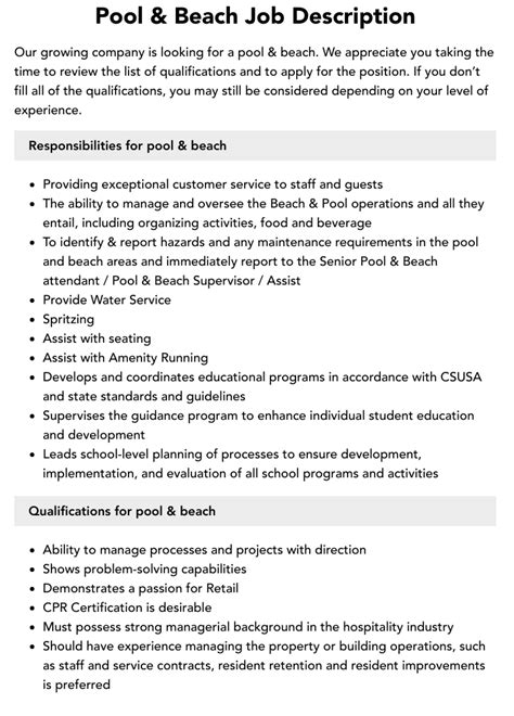 Pool And Beach Job Description Velvet Jobs