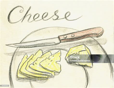 Käse Und Messer Auf Den Teller Zeichnung Mit Farben Und Stifte Stock