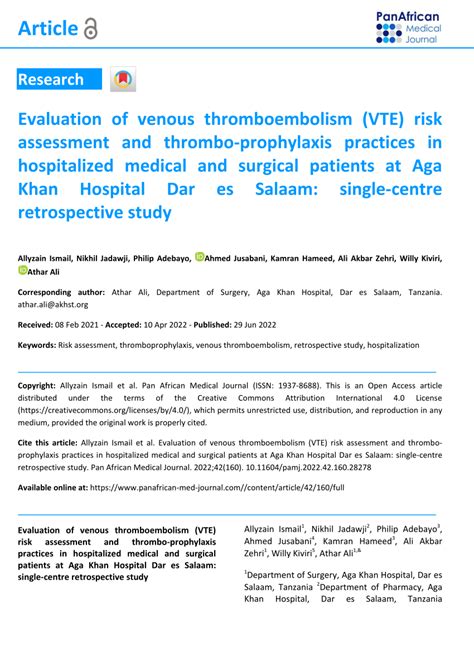 Pdf Evaluation Of Venous Thromboembolism Vte Risk Assessment And