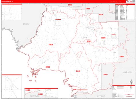 Levy County Fl Wall Map Red Line Style By Marketmaps