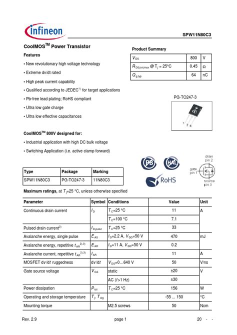 Spw11n80c3 Infineon Technologies Transistor Hoja De Datos Ficha