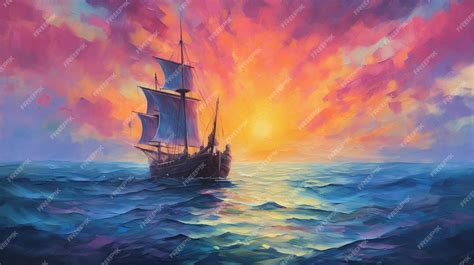 Premium Photo | Sailing shipSailing ship in the ocean at sunset Oil pa ...