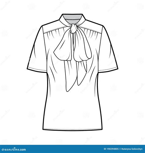 Pussy Bow Blouse Technical Fashion Illustration With Oversized Body Loose Fit Short Sleeves