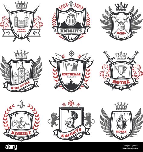 Medieval Knight Coats Of Arms Set With Heraldic Shields Weapon And Elements In Vintage Style