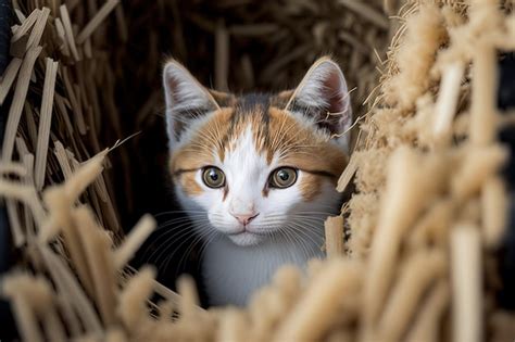 En una granja cercana un lindo gato marrón se asoma entre montones de