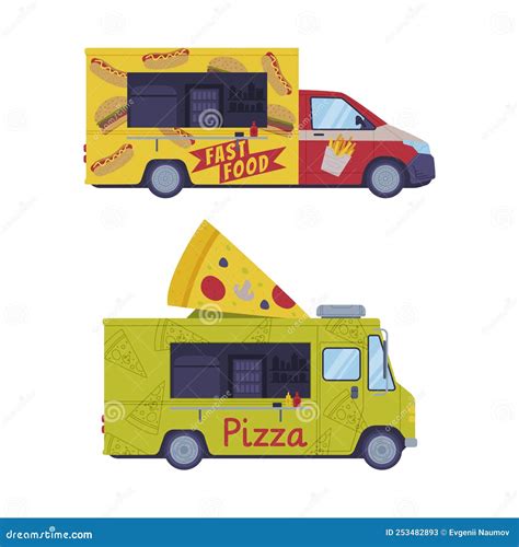 Set Of Dood Trucks Side View Of Vans For Pizza And Fast Food Selling