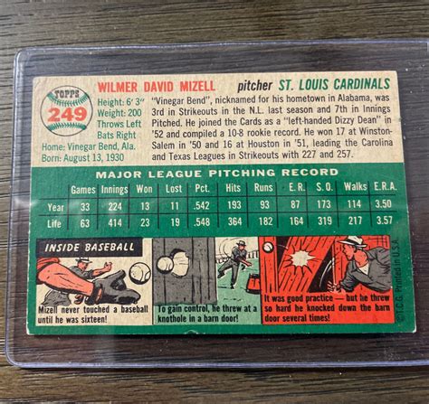 1954 Topps 249 Wilmer Vinegar Bend Mizell Auto Autograph Signed