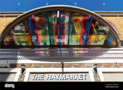 England, Hampshire, Basingstoke, The Haymarket Theatre, The Stained Glass Entrance Canopy Stock ...