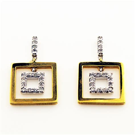 K Two Tone Diamond Double Square Dangle Earrings Golden Creations