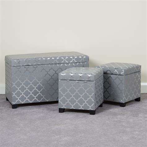 Hartleys Grey And Silver Storage Ottomans Set Of 3 Ottoman Stooltrunk Benchbox 5051990758599 Ebay