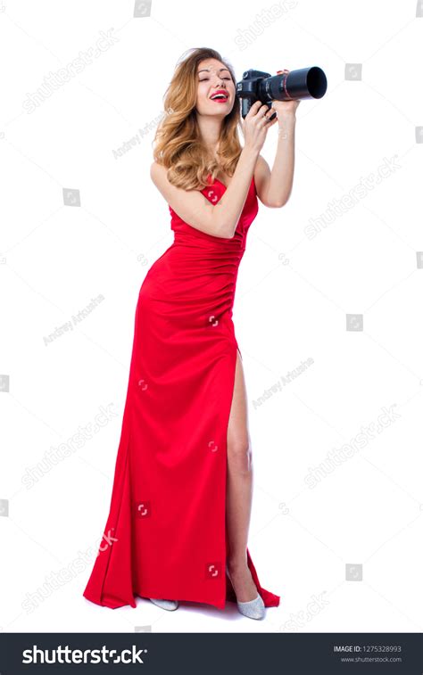 Happy Blonde Photographer Woman Sexy Red Stock Photo 1275328993 Shutterstock