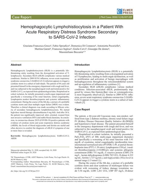 Pdf Hemophagocytic Lymphohistiocytosis In A Patient With Acute Respiratory Distress Syndrome