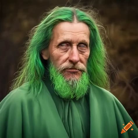 Brown Haired Man With Long Green Hair And Yellow Eyes Wearing A Green