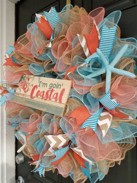 Large Coastal Deco Mesh Wreath Burlap Turquoise Coral Etsy Mesh